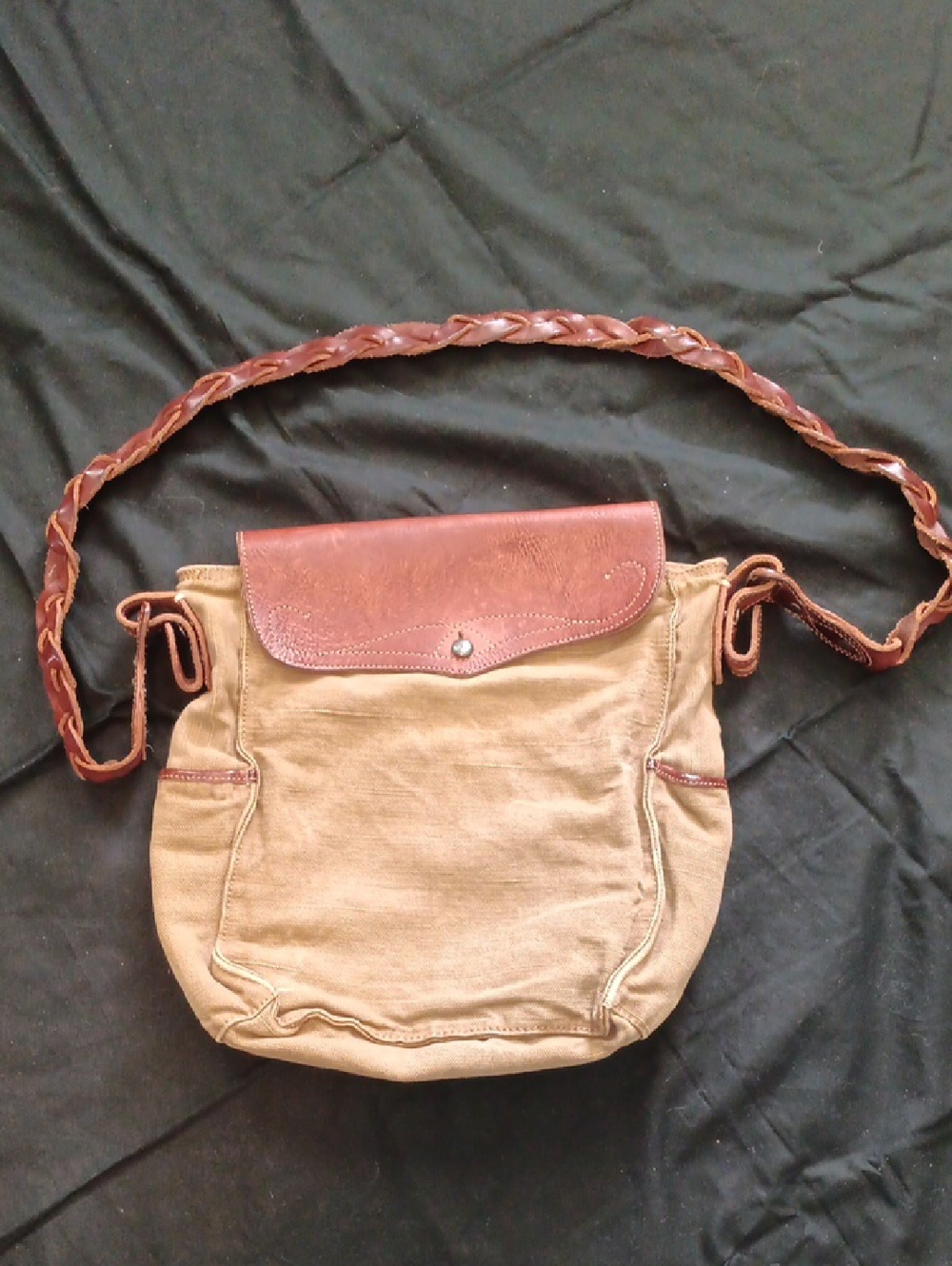 Canvas Crossbody Bag with Brown Leather Flap and Braided Strap